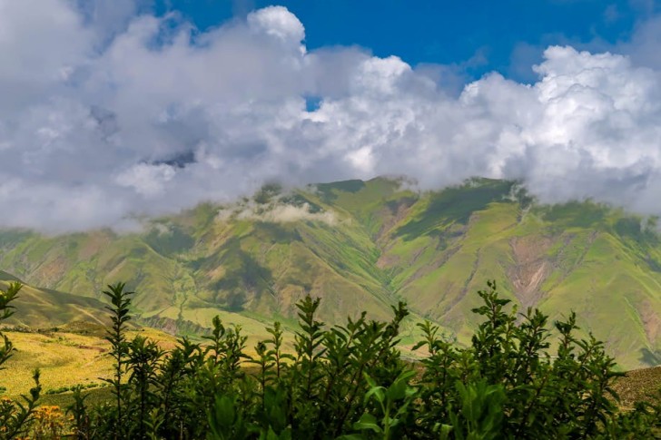 Zelené hory pod zamračenou oblohou