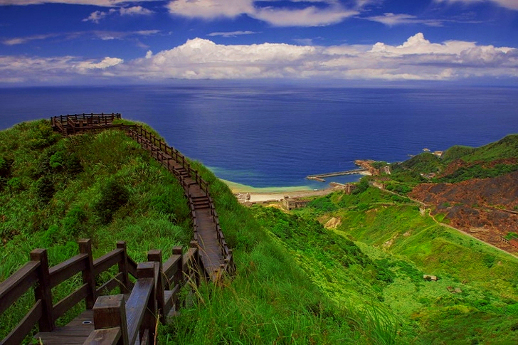 Areal View of Body of Water Near Green Mountain Under White and Blue Sky