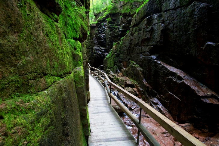 Gray Wooden Bridge Between Two Mossy Rock Formation