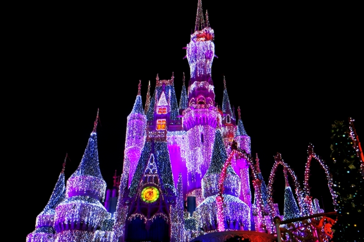 핑크, 화이트, 퍼플 조명 디즈니랜드 캐슬