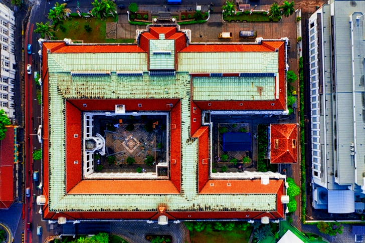 Top View of Red and White Building