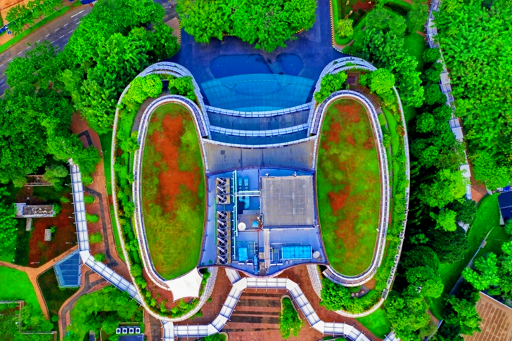 Aerial View of Blue Building