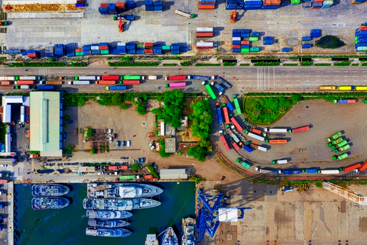 High Angle Shot of Colorful Trucks