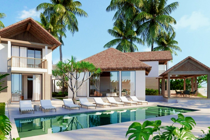 White Pool Loungers Near Tree