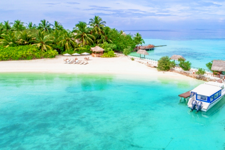 Beige Beach With Huts and Loungers Beside Teal Calm Body of Ocean at Daytime