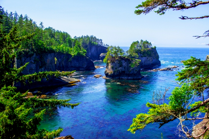 2 Green-and-gray Islet on Body of Water