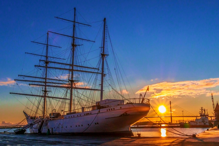 White Ship in Dock during Golden Hour